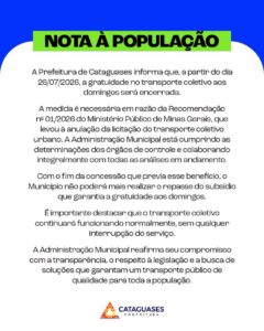 Atenção: Ônibus aos domingos em Cataguases voltam a ser pagos a partir do dia 26 de julho