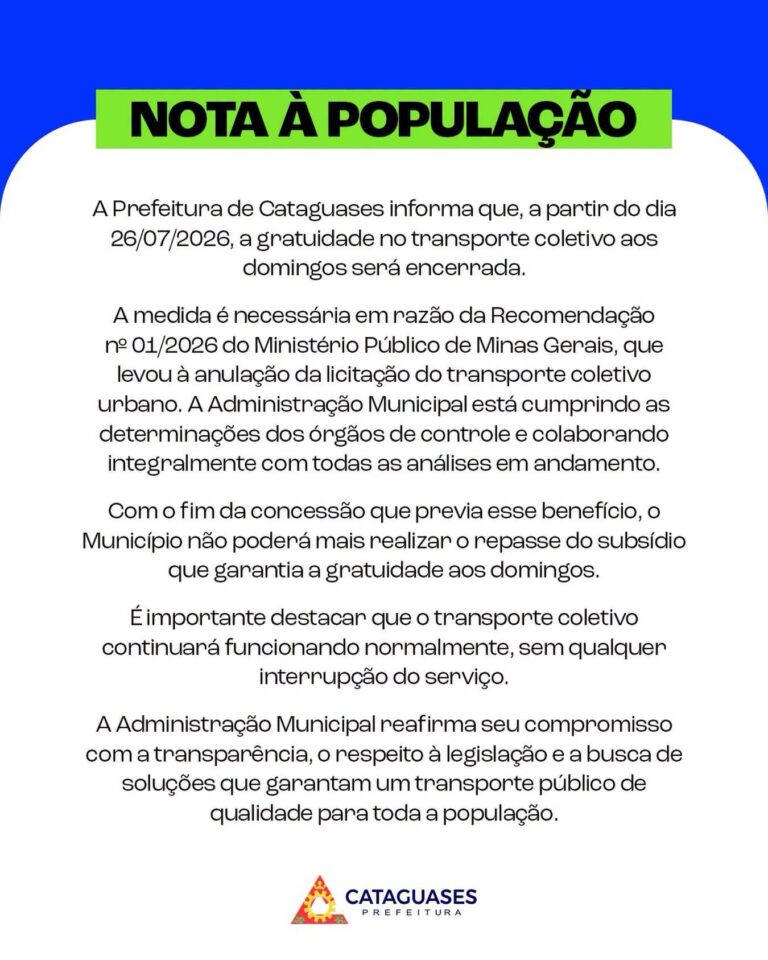Atenção: Ônibus aos domingos em Cataguases voltam a ser pagos a partir do dia 26 de julho